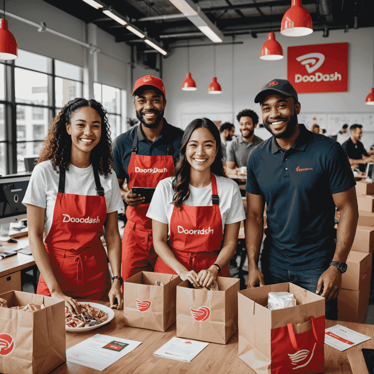 Diverse group of DoorDash employees smiling and working together in a modern office space, surrounded by food delivery bags and technology