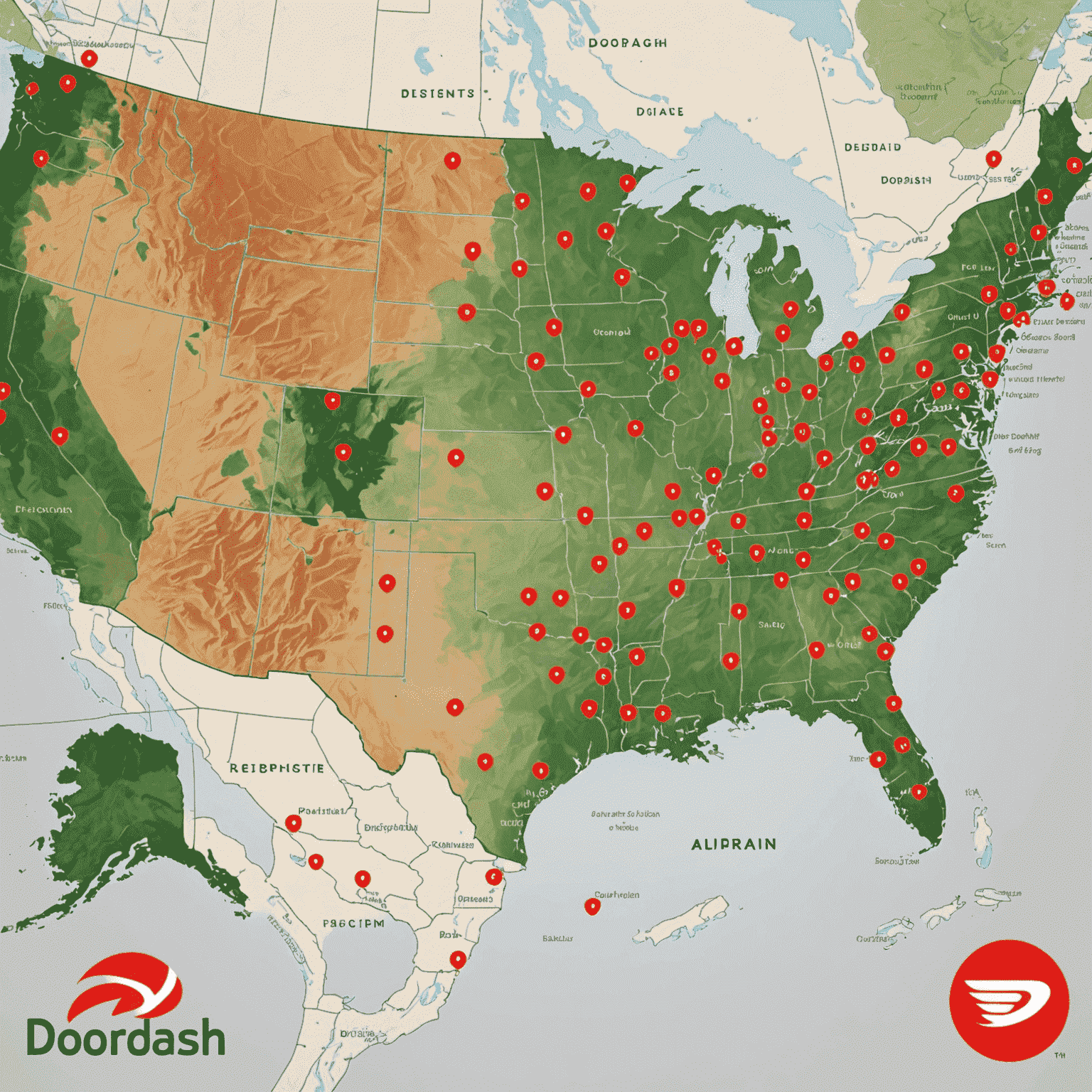 Map of the United States with 100 new pinpoints representing DoorDash's expansion to new cities. The map is overlaid with the DoorDash logo and a celebratory banner.