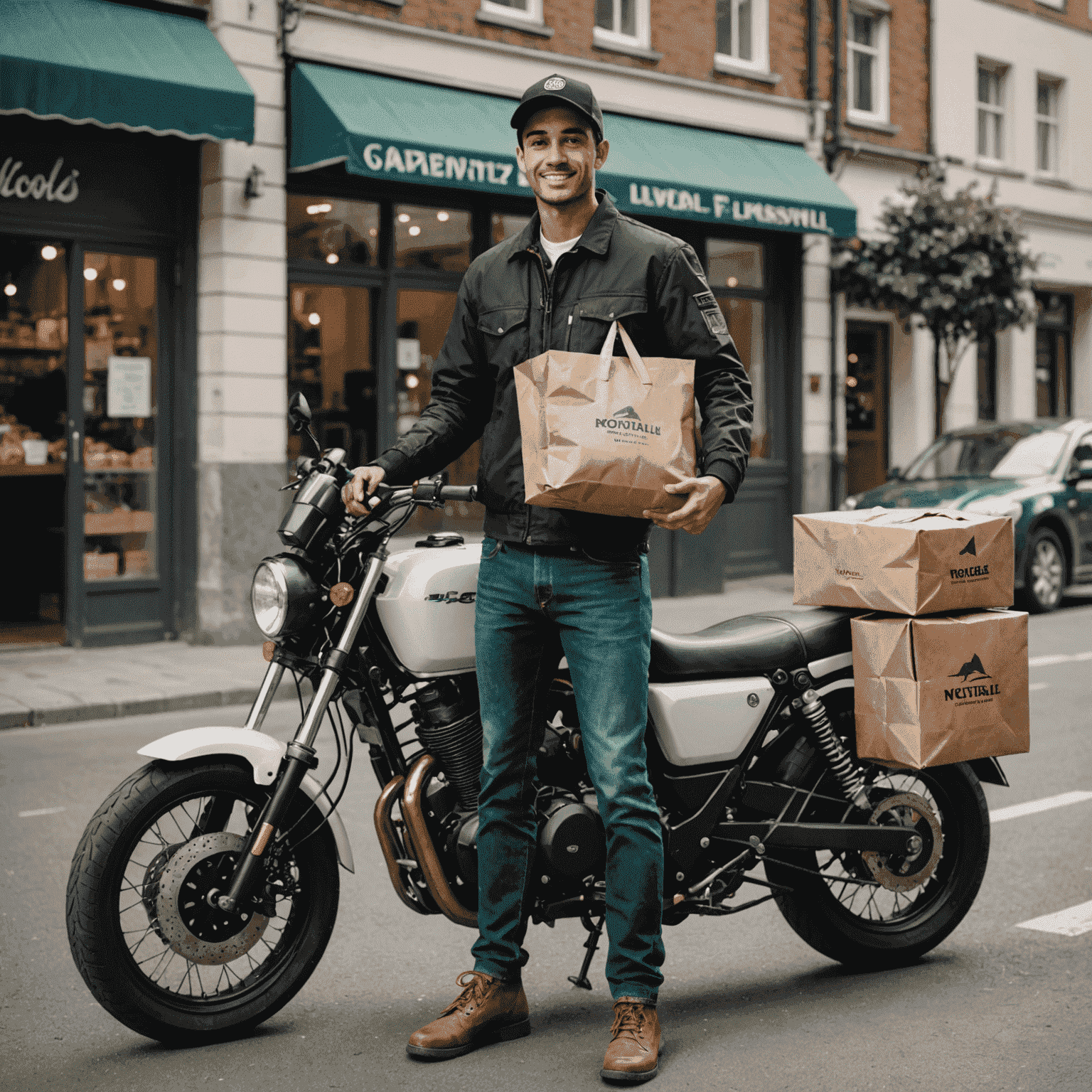 A delivery person holding a bag of food, standing next to a motorcycle, ready to deliver fresh meals to customers