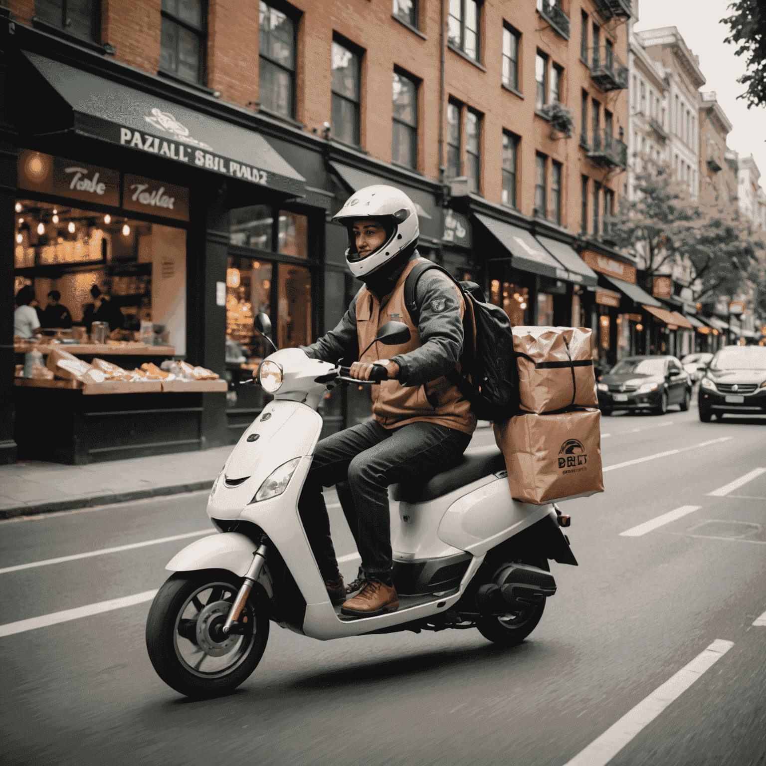 A delivery person on a scooter carrying a thermal bag full of food orders, speeding through a bustling city street with various restaurants in the background