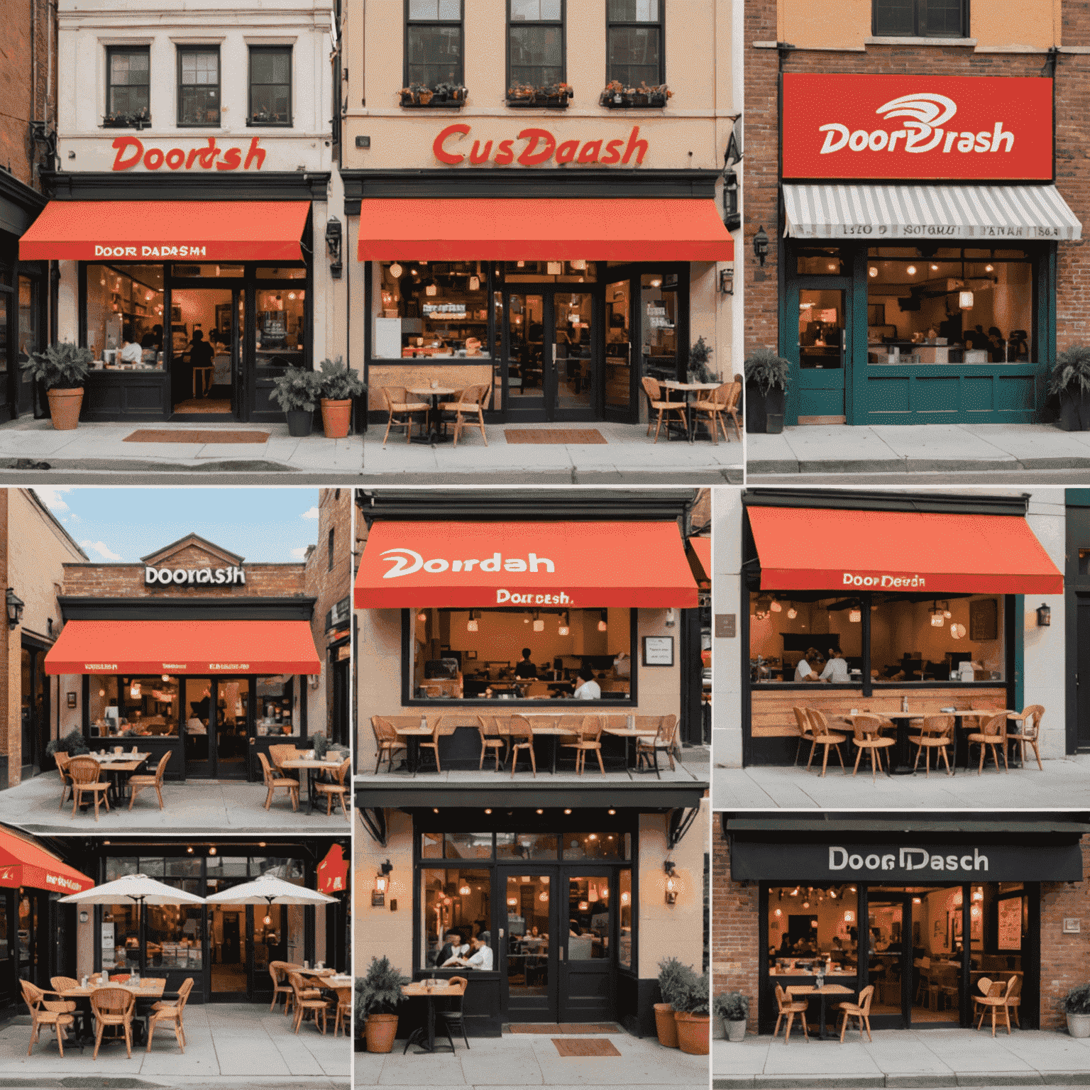 A collage of diverse restaurant storefronts, showcasing the variety of cuisines available through DoorDash partnerships. The image includes a cozy Italian trattoria, a vibrant sushi bar, a bustling burger joint, and an authentic taqueria, representing the wide range of dining options.