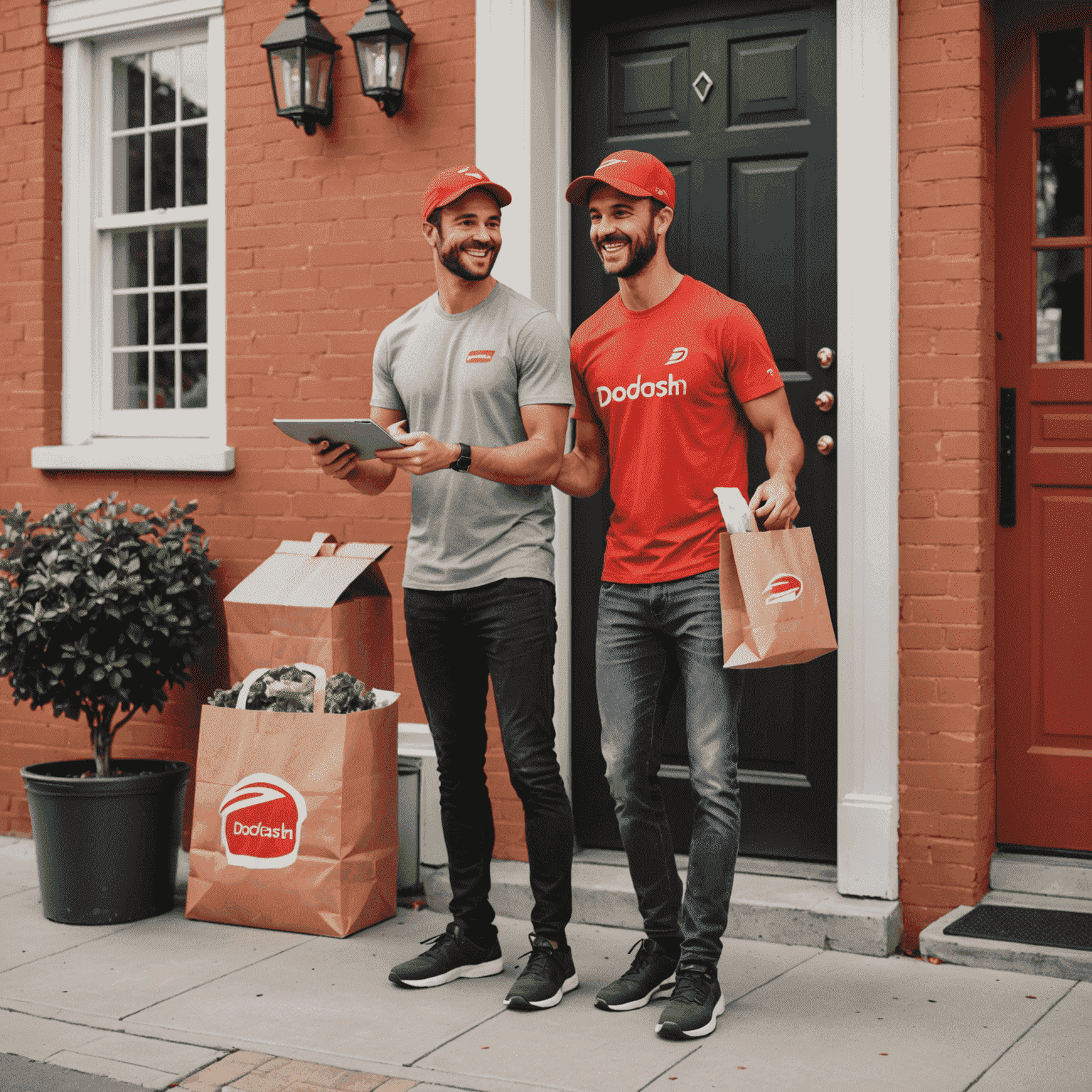 Happy DoorDash driver delivering food to a smiling customer at their doorstep