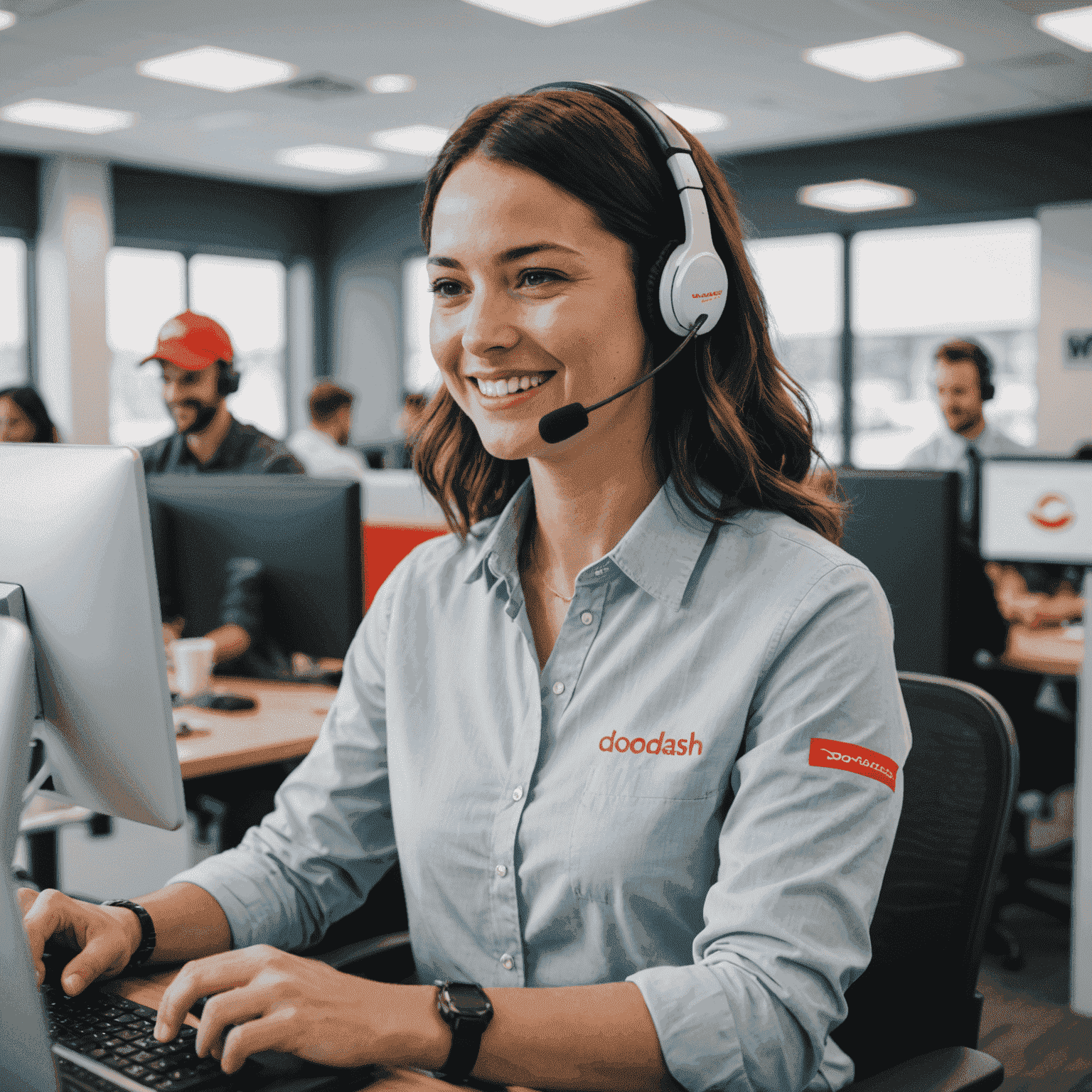 A friendly customer support representative wearing a DoorDash branded headset, smiling while assisting a customer over the phone. The background shows a modern, open-plan office space with other support team members.