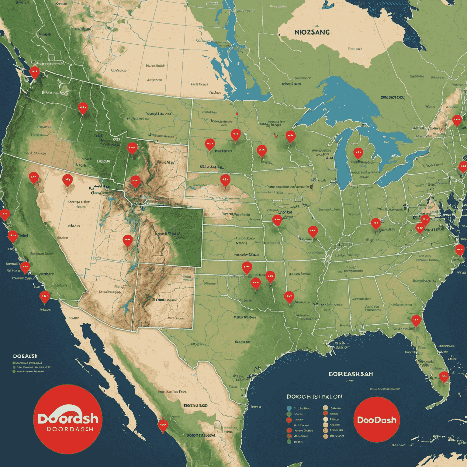 Map showing DoorDash expansion to 100 new cities across the United States