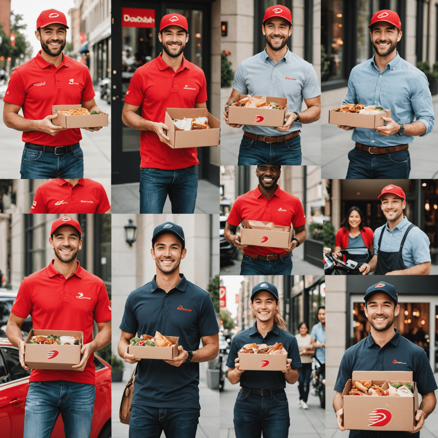 Collage of happy DoorDash delivery drivers, smiling restaurant owners, and satisfied customers receiving their food deliveries