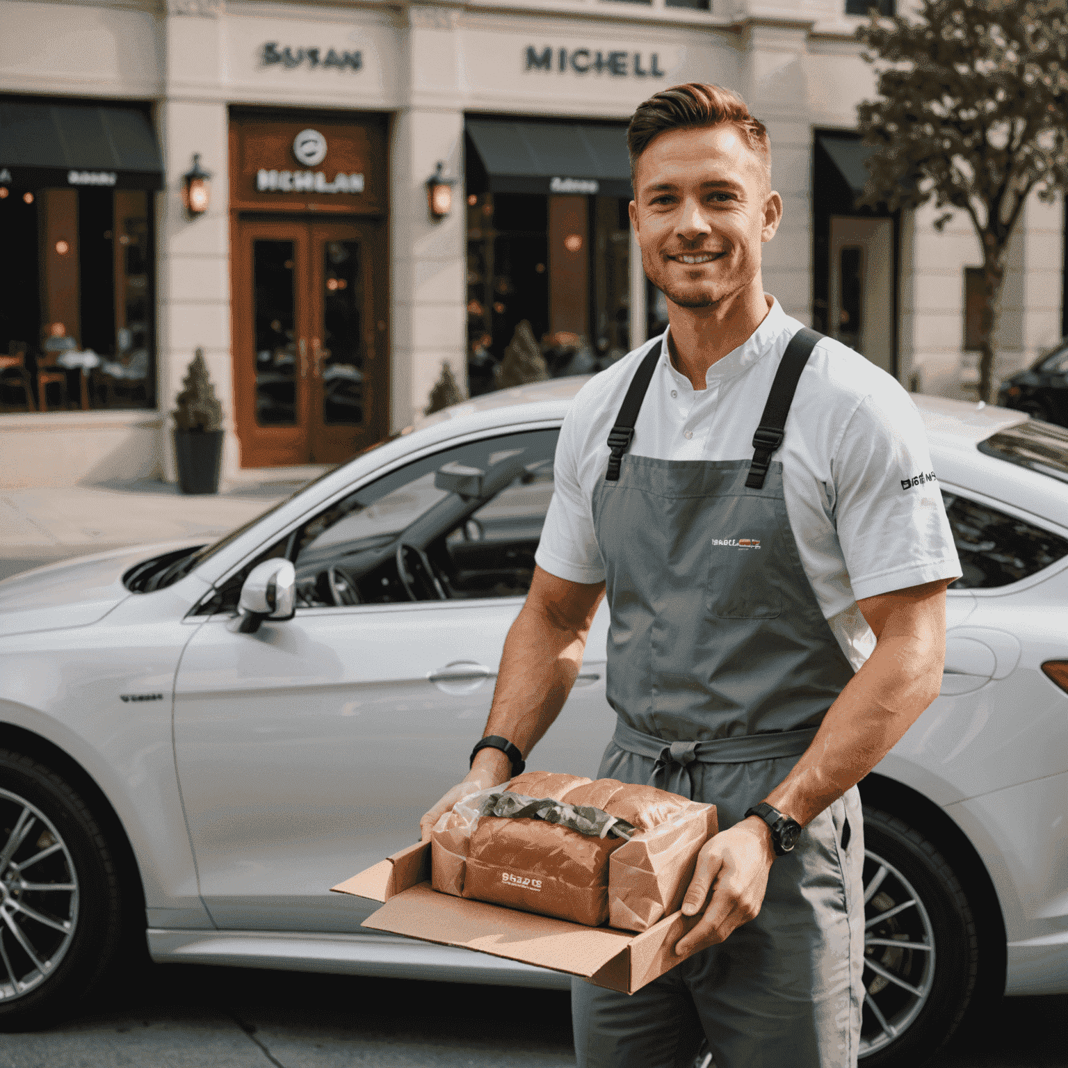 A DoorDash delivery driver carefully handling an elegantly packaged meal from a Michelin-star restaurant, standing next to a luxury car