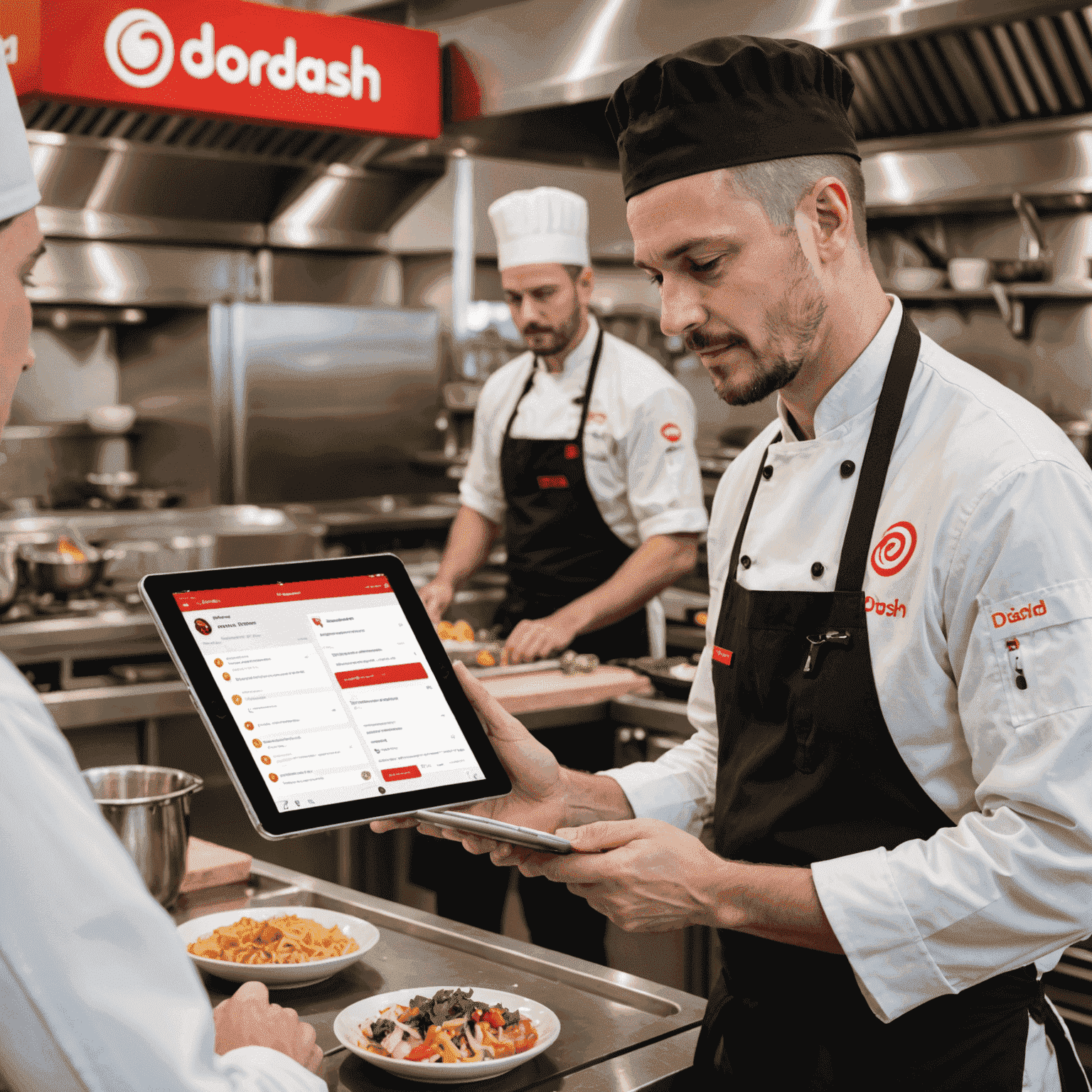 Split-screen image showing a chef in a restaurant kitchen receiving a real-time order modification alert on a tablet, juxtaposed with a DoorDash customer making changes on their smartphone app