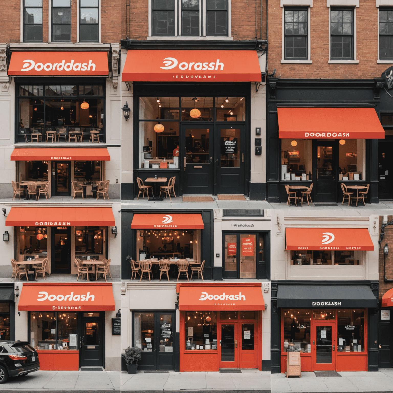 A collage of various restaurant storefronts, representing DoorDash's diverse partner network