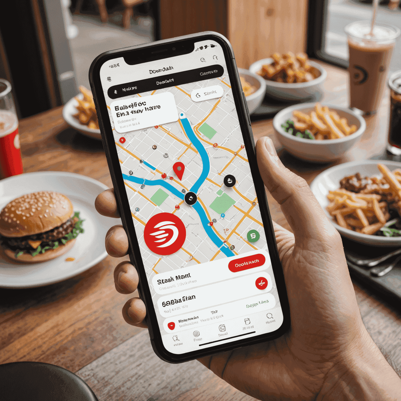 A smartphone displaying the DoorDash app with various restaurant options and a map showing nearby eateries