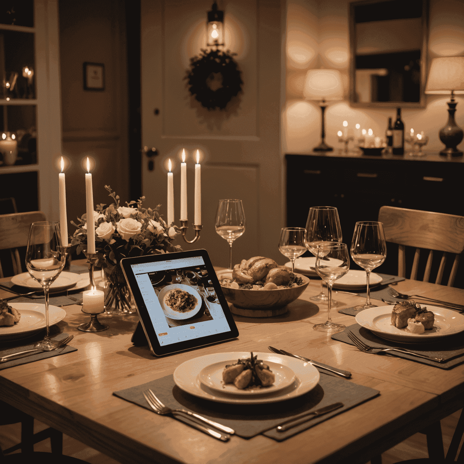 A beautifully set dining table at home with Michelin-star quality dishes, candles, and a tablet showing the DoorDash app