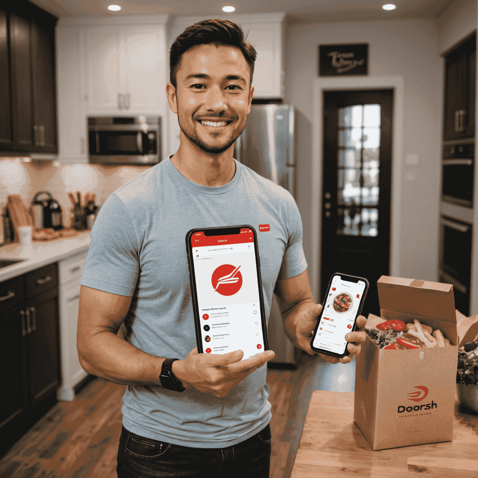 A satisfied DoorDash customer enjoying a customized meal delivered to their home, with the DoorDash app visible on a nearby device showing the successful modifications made to the order