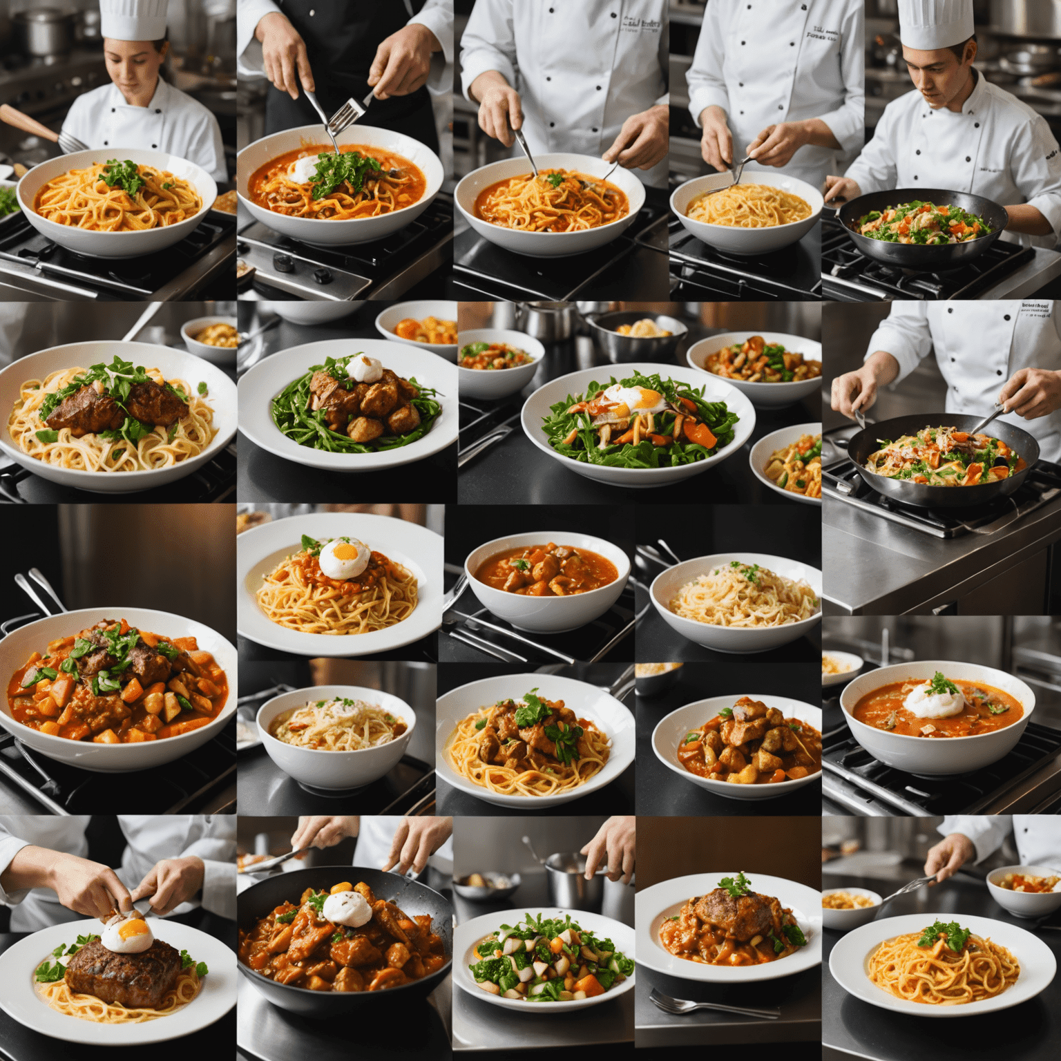 A collage of diverse meals being prepared in different restaurant kitchens, showcasing the variety of cuisines available