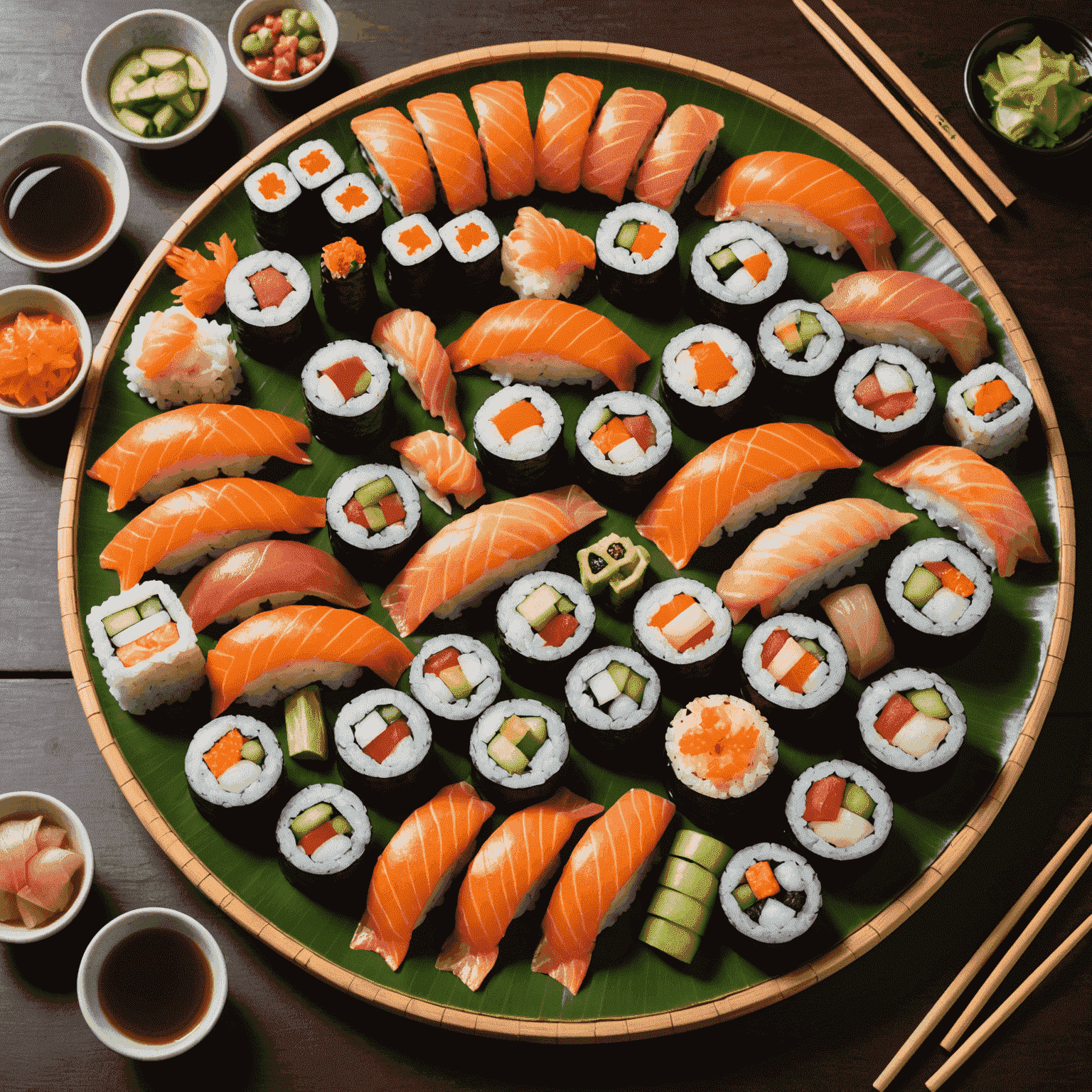 A colorful array of sushi rolls and sashimi on a traditional Japanese platter