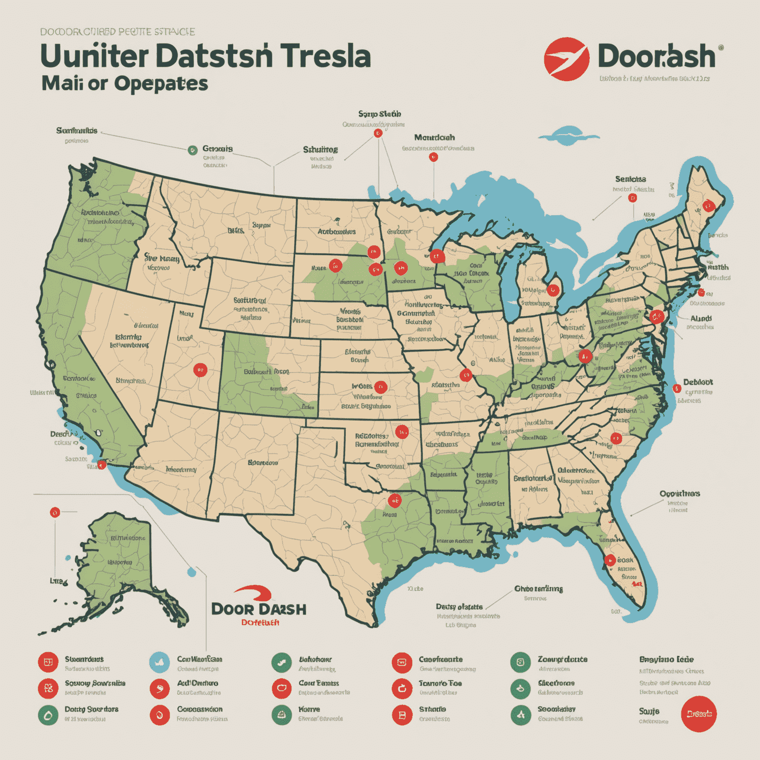 Map of the United States highlighting major cities where DoorDash operates, with icons representing active Dashers