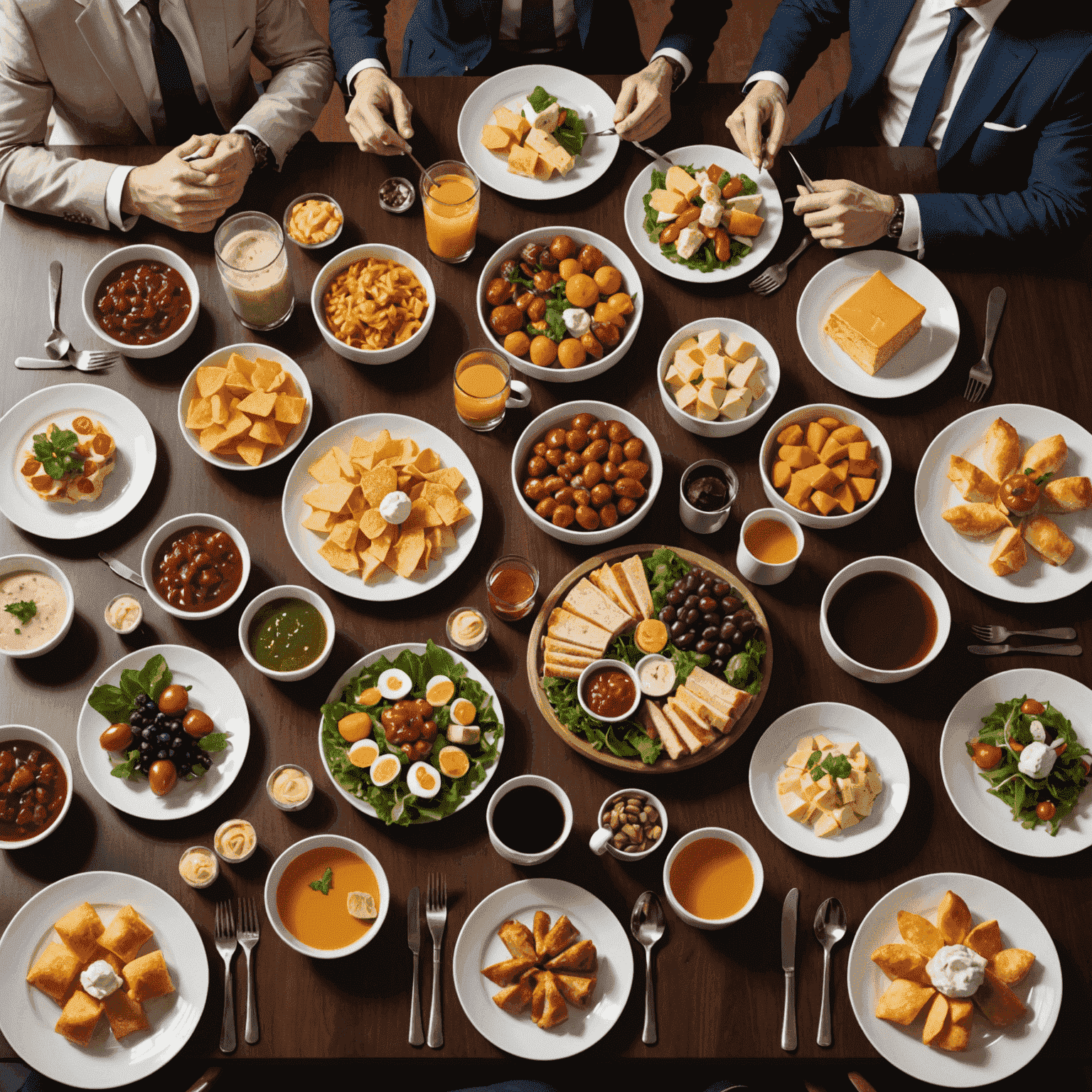 A boardroom table set up with an elegant spread of finger foods and beverages for a business meeting