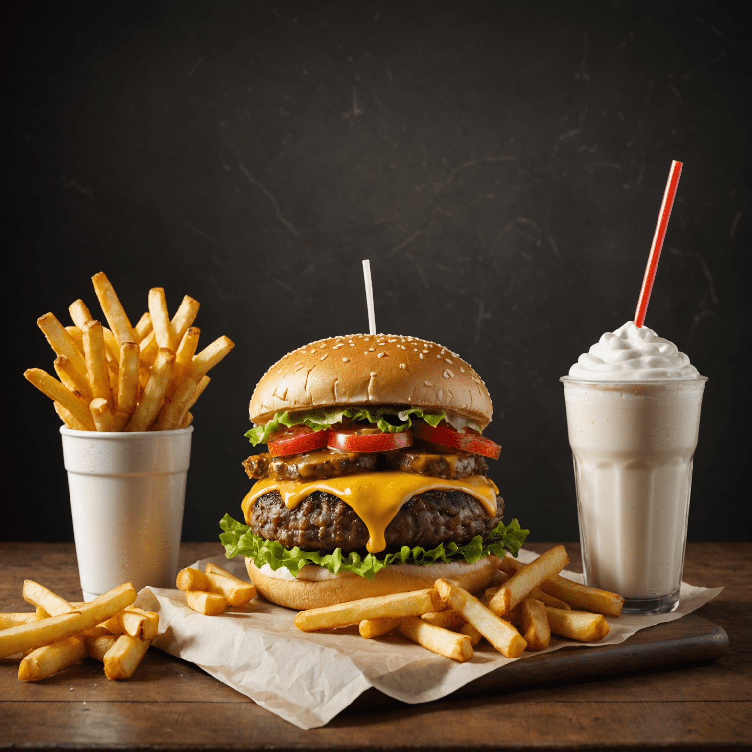 A juicy cheeseburger with crispy fries and a milkshake, epitomizing American comfort food