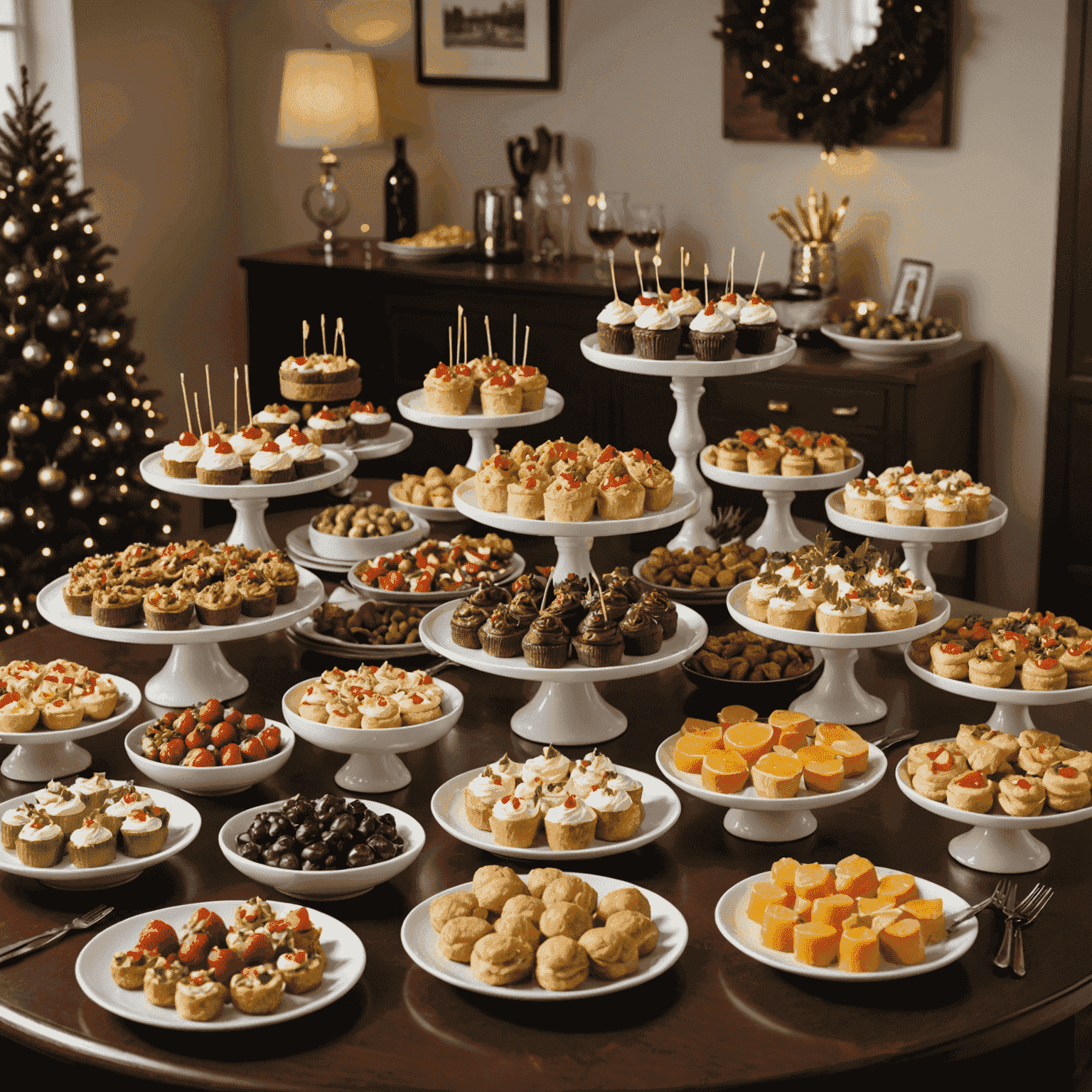 A festive office party scene with a variety of gourmet appetizers and desserts on display