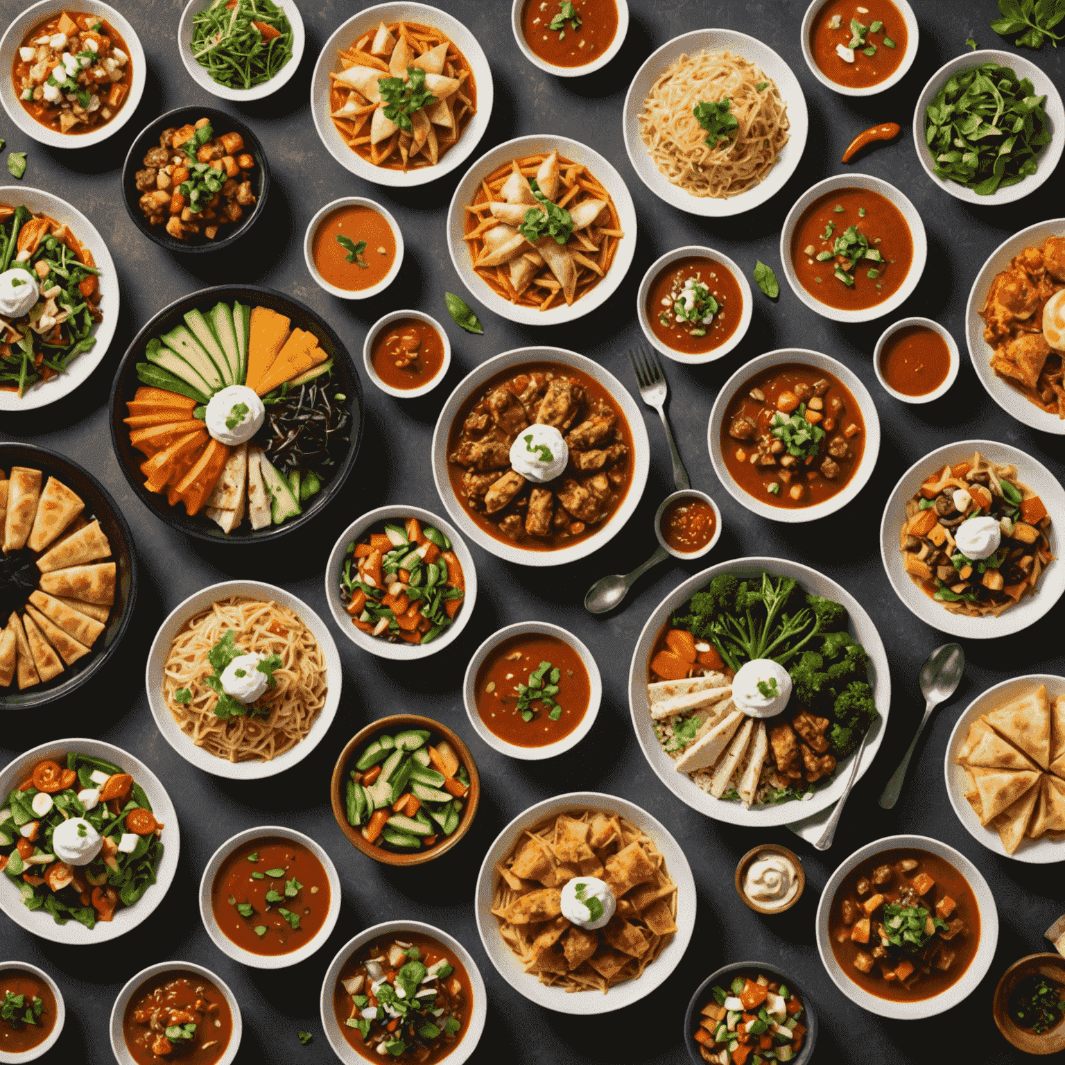 A diverse spread of delicious meals from various cuisines, beautifully arranged and ready for delivery, showcasing the variety of food options available through DoorDash